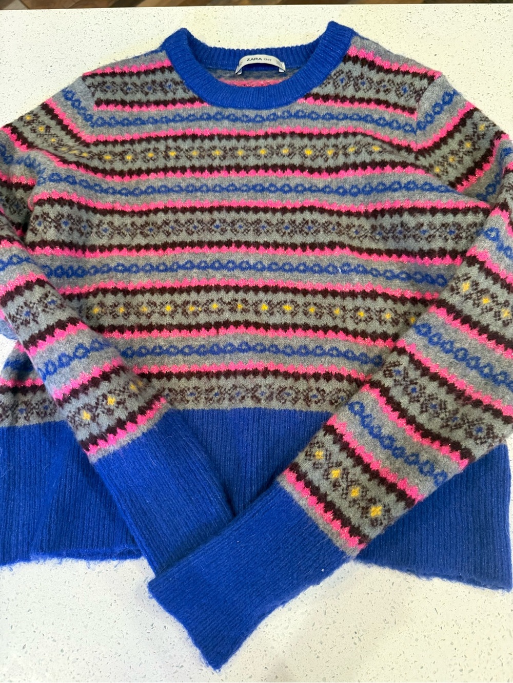 Zara Blue Multicolor Fair Isle Crewneck Sweater